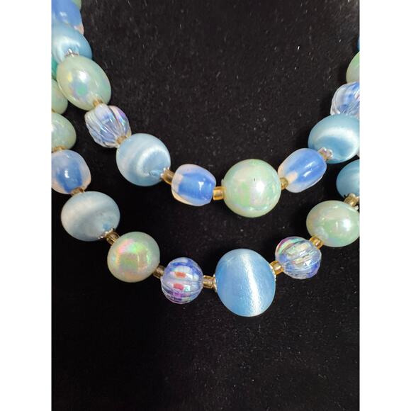 Vintage Blue Aurora Borealis Double Strand Bead Necklace 14–17" Extension - Picture 2 of 5